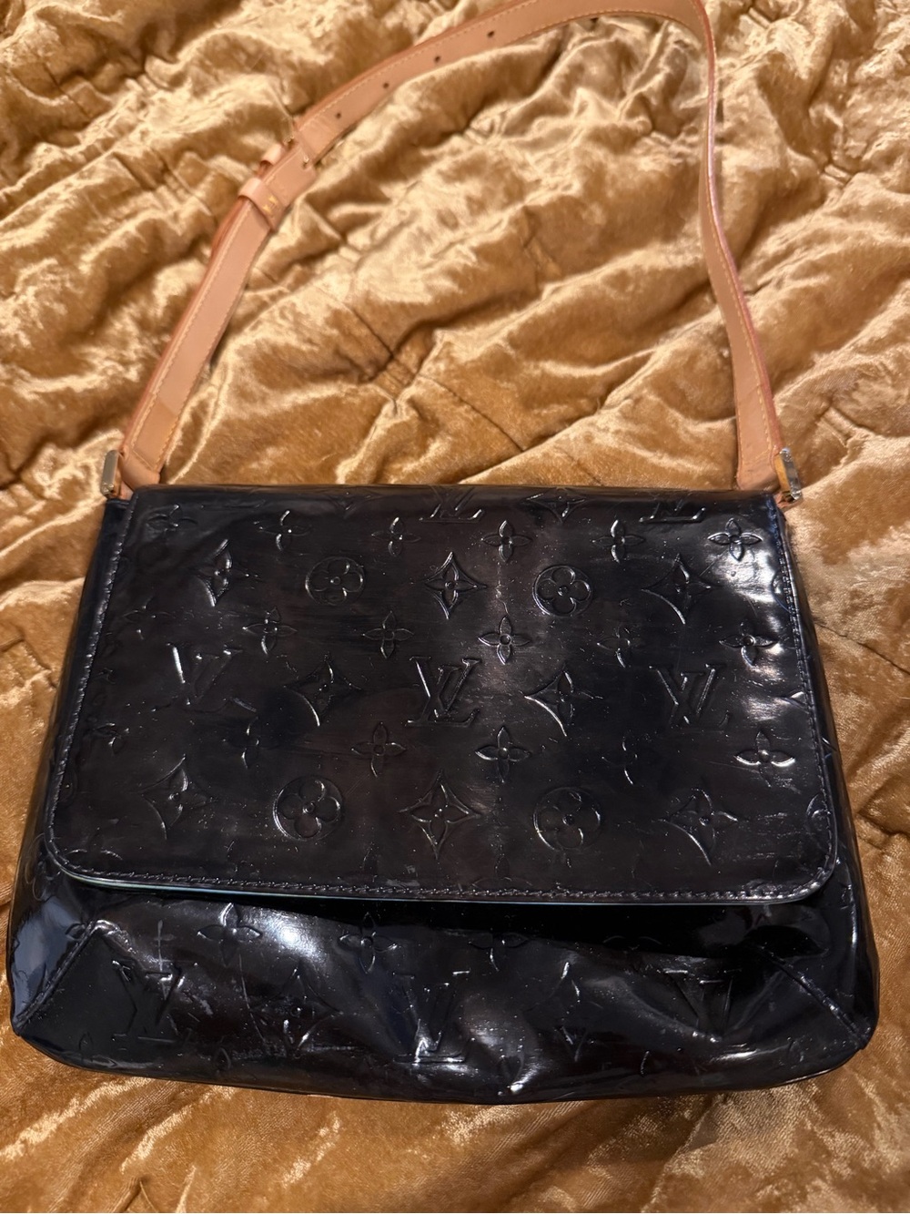 Vintage Louis Vuitton Black Patent Monogram Shoulder Bag as is